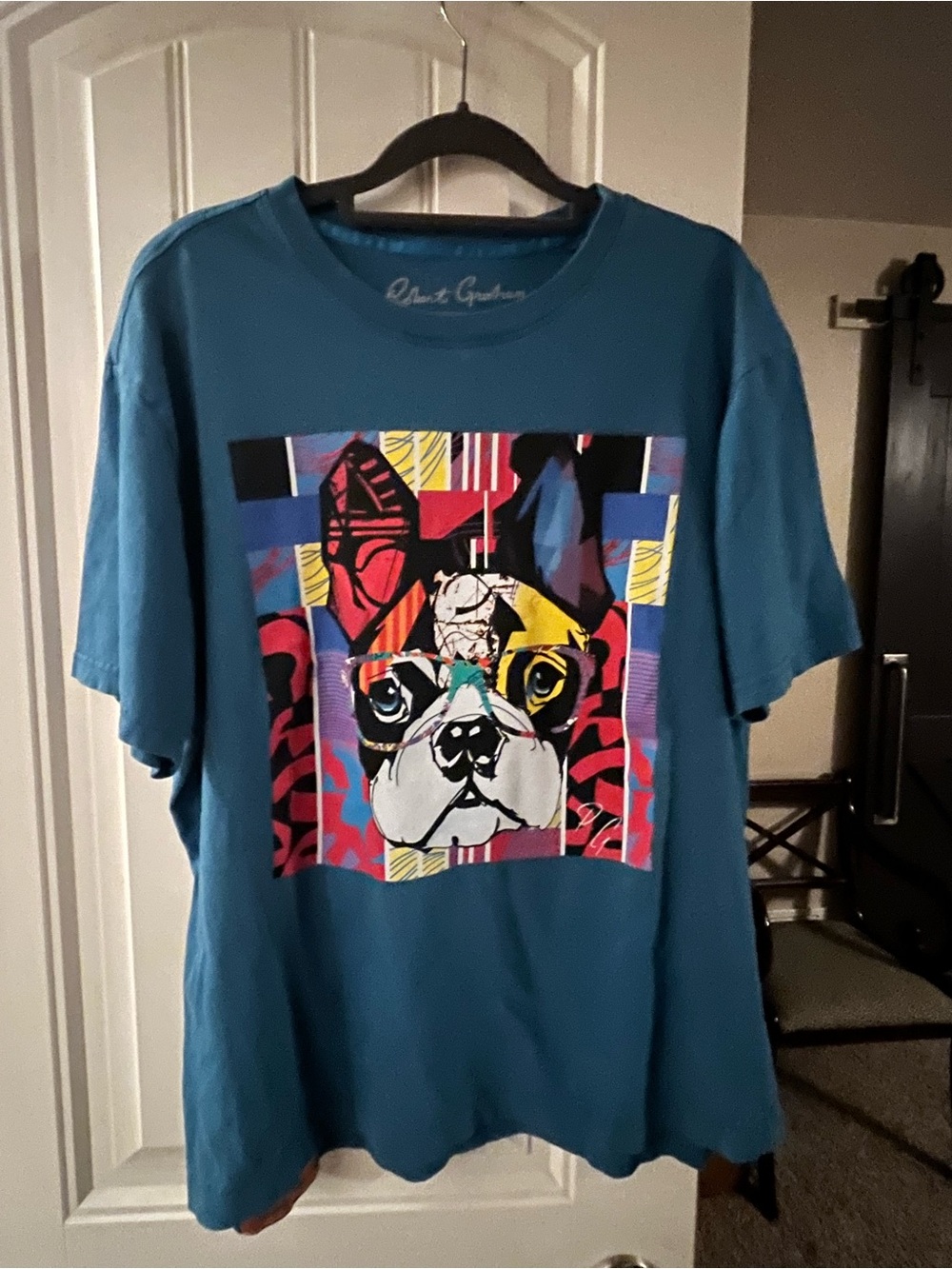 Robert Graham Teal Short-Sleeve T-Shirt Colorful Pop-Art Dog/Glasses, Large